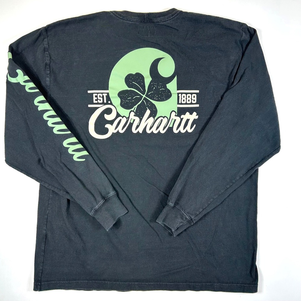 Carhartt Mens Loose Fit Long Sleeve Graphic T-Shirt Black Green Clover Large - Picture 2 of 7